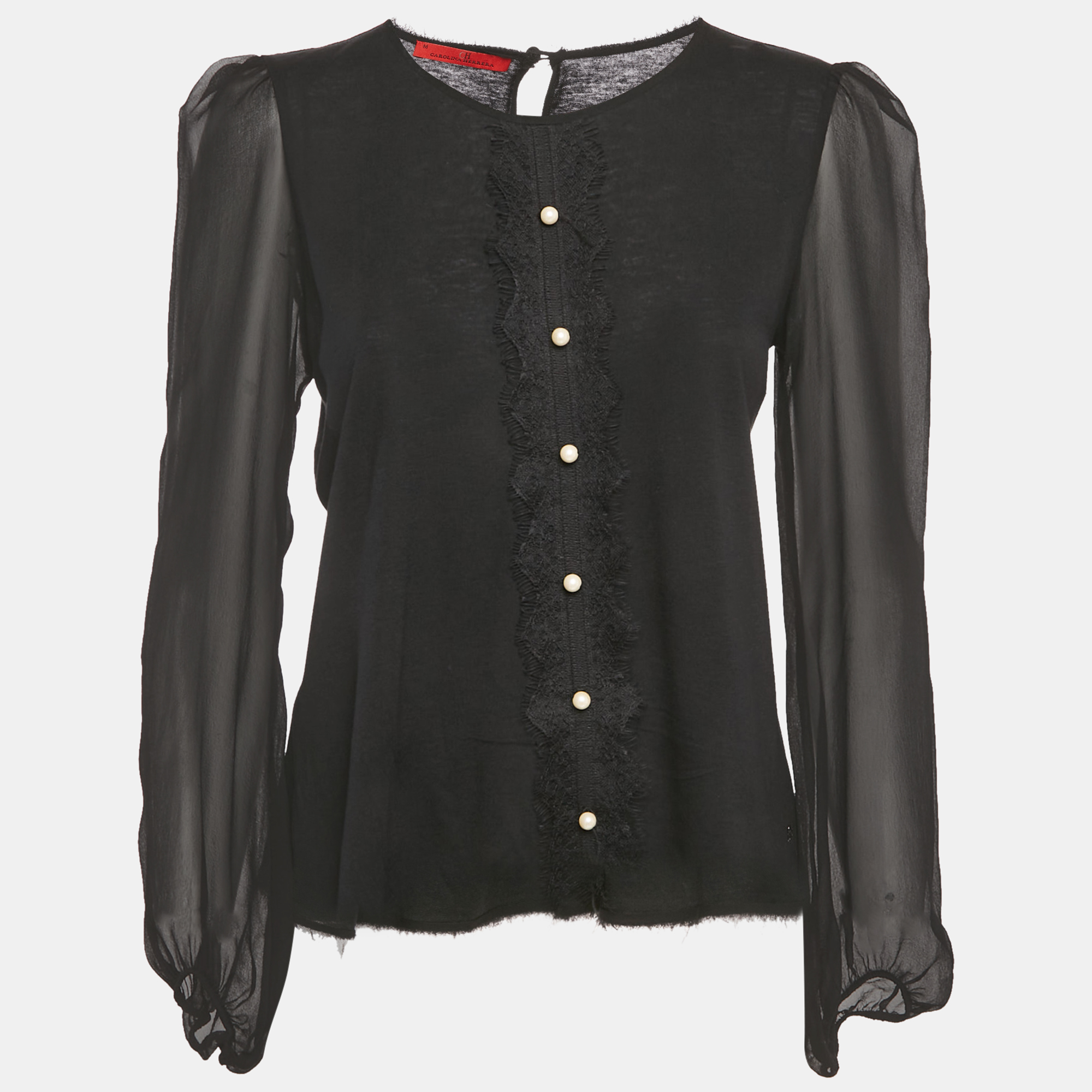 CH Carolina Herrera Black Lace Trim Knit and Silk Top M 
CH Carolina Herrera Black Lace Trim Knit and Silk Top M