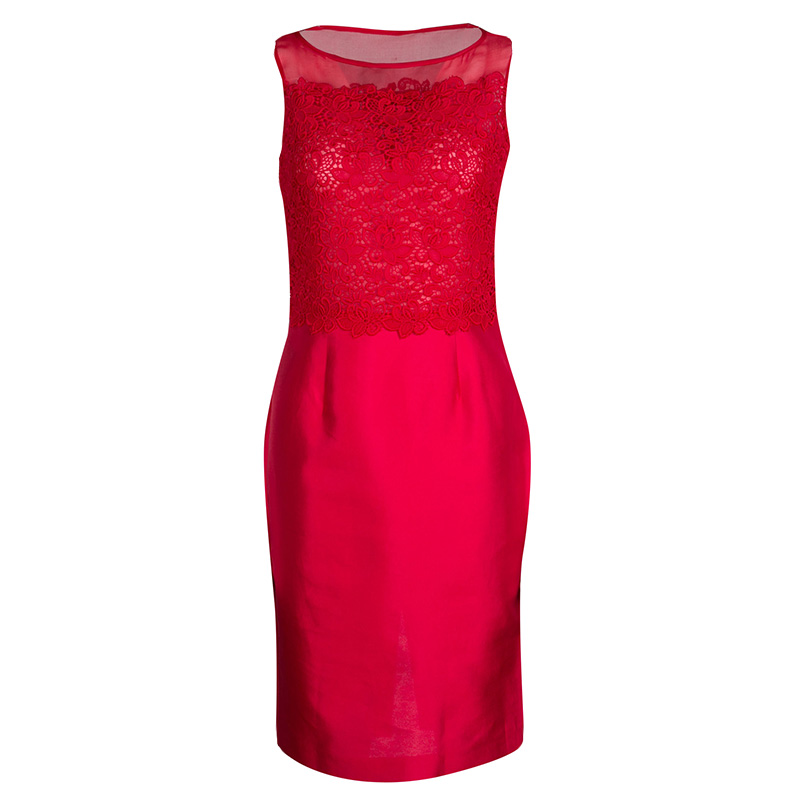 CH Carolina Herrera Red Lace And Organza Sleeveless Sheath Dress S
