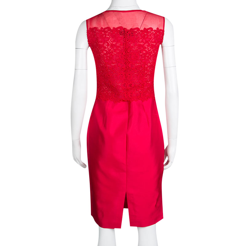 CH Carolina Herrera Red Lace And Organza Sleeveless Sheath Dress S