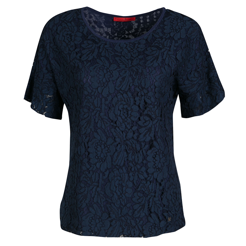 Image of CH Carolina Herrera Navy Blue Floral Lace Overlay Short Sleeve Top S