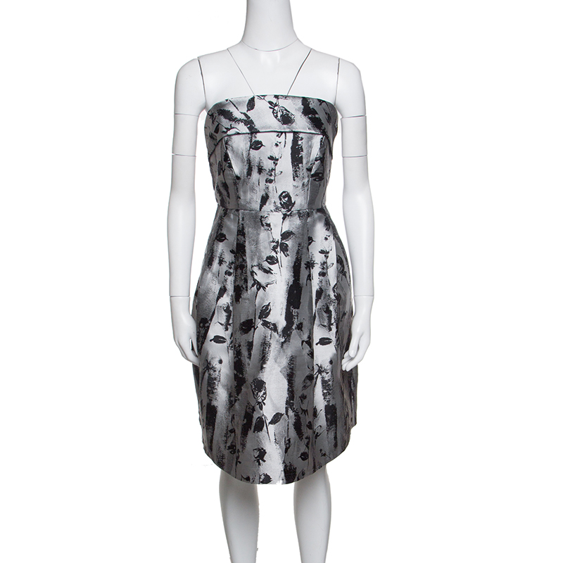 CH Carolina Herrera Silver And Black Floral Jacquard Strapless Dress S