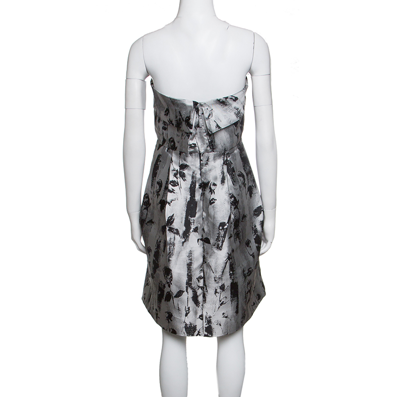 CH Carolina Herrera Silver And Black Floral Jacquard Strapless Dress S