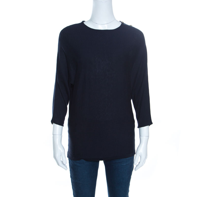 

CH Carolina Herrera Navy Blue Knit Gold Button Detail Dolman Sleeve Top