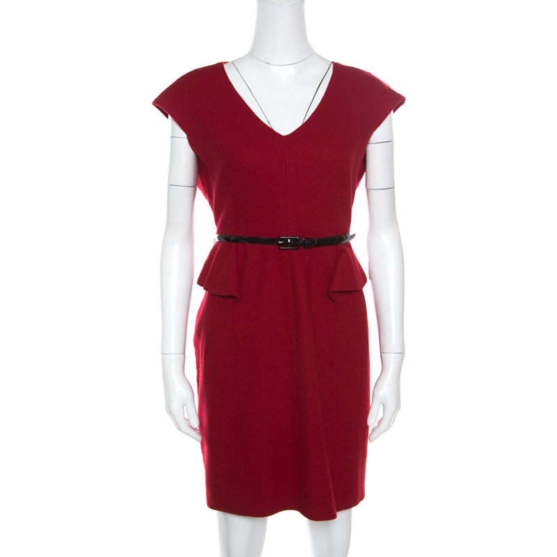 CH Carolina Herrera Red Wool Half Peplum V-Neck Dress L