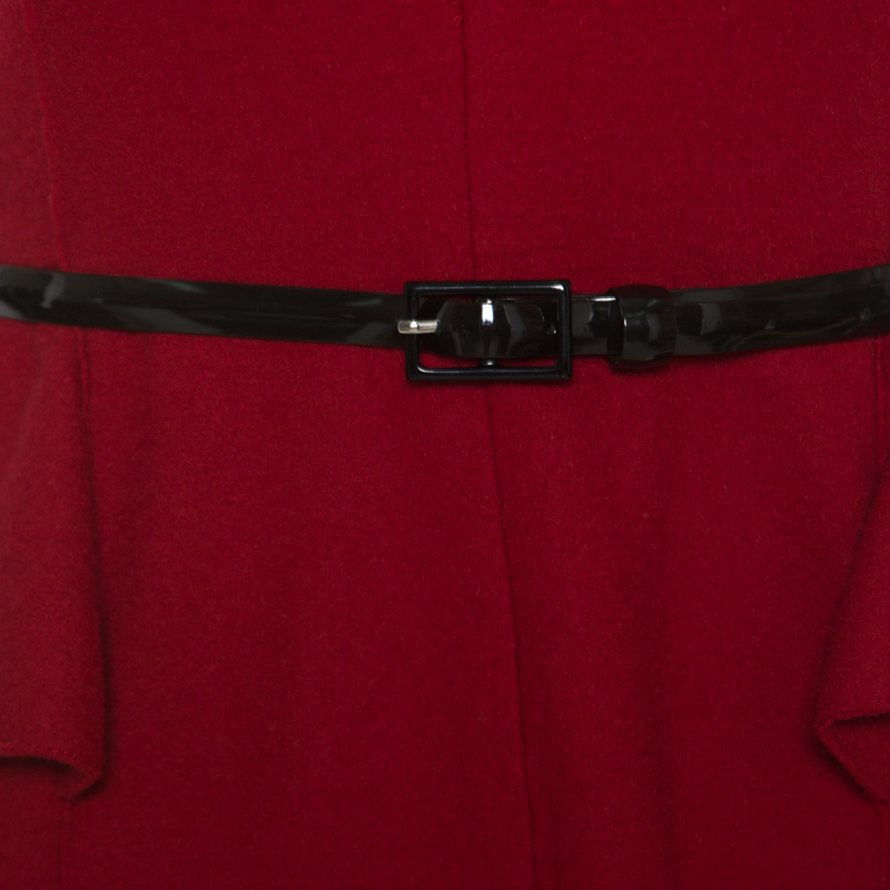 CH Carolina Herrera Red Wool Half Peplum V-Neck Dress L