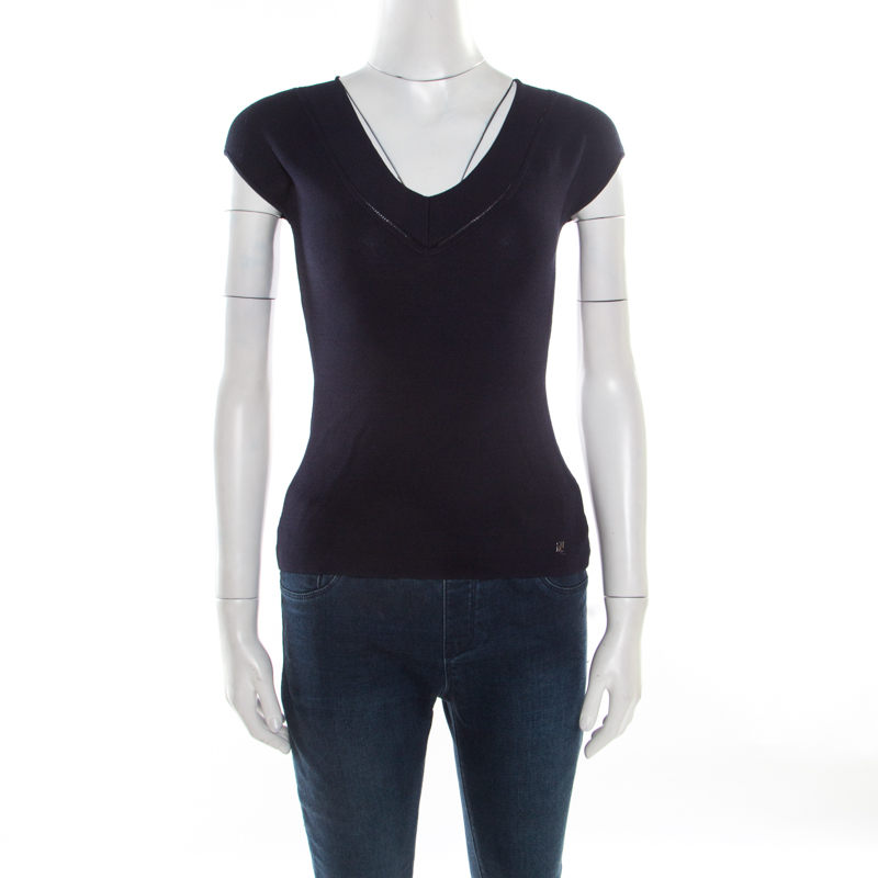 Image of CH Carolina Herrera Navy Blue V-Neck Sleeveless Knit Top XS