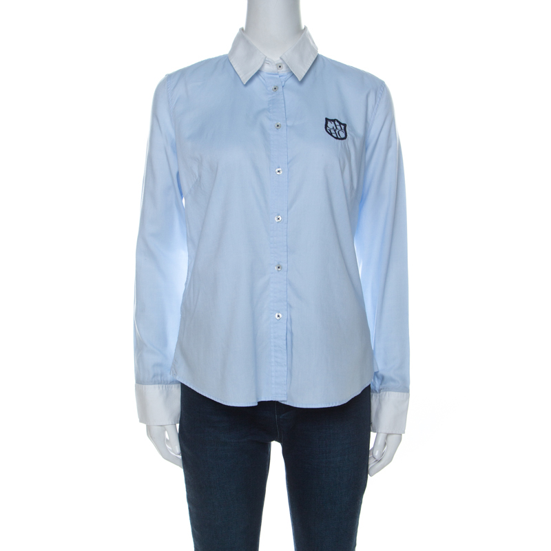 Image of Carolina Herrera Blue Cotton Crest Embroidered Button Front Oxford Shirt M