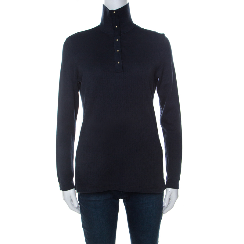 Image of CH Carolina Herrera Navy Blue Monogram Patterned Knit Collared Top L