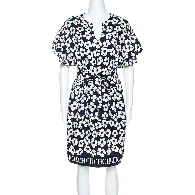 CH Carolina Herrera Navy Blue Floral Print Silk and Linen Blend Dress M