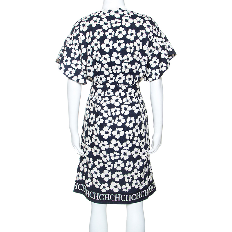 CH Carolina Herrera Navy Blue Floral Print Silk And Linen Blend Dress M