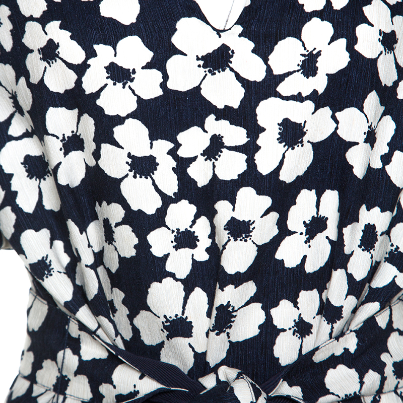 CH Carolina Herrera Navy Blue Floral Print Silk And Linen Blend Dress M