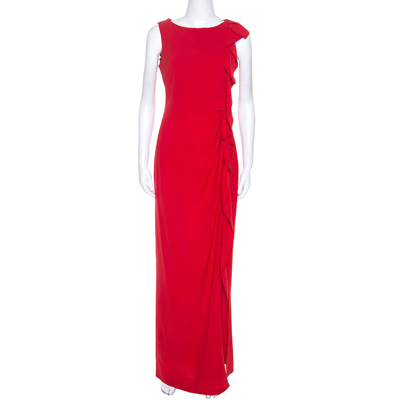 Ch carolina herrera red crepe ruffle detail sleeveless maxi dress s