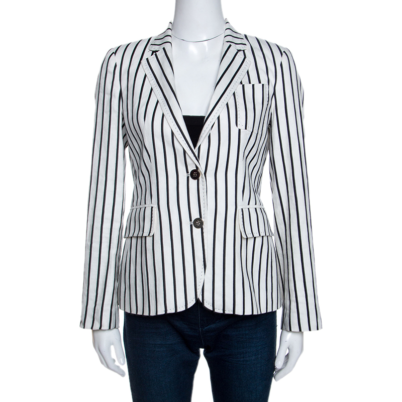 Image of CH Carolina Herrera Monochrome Striped Linen Blend Blazer S