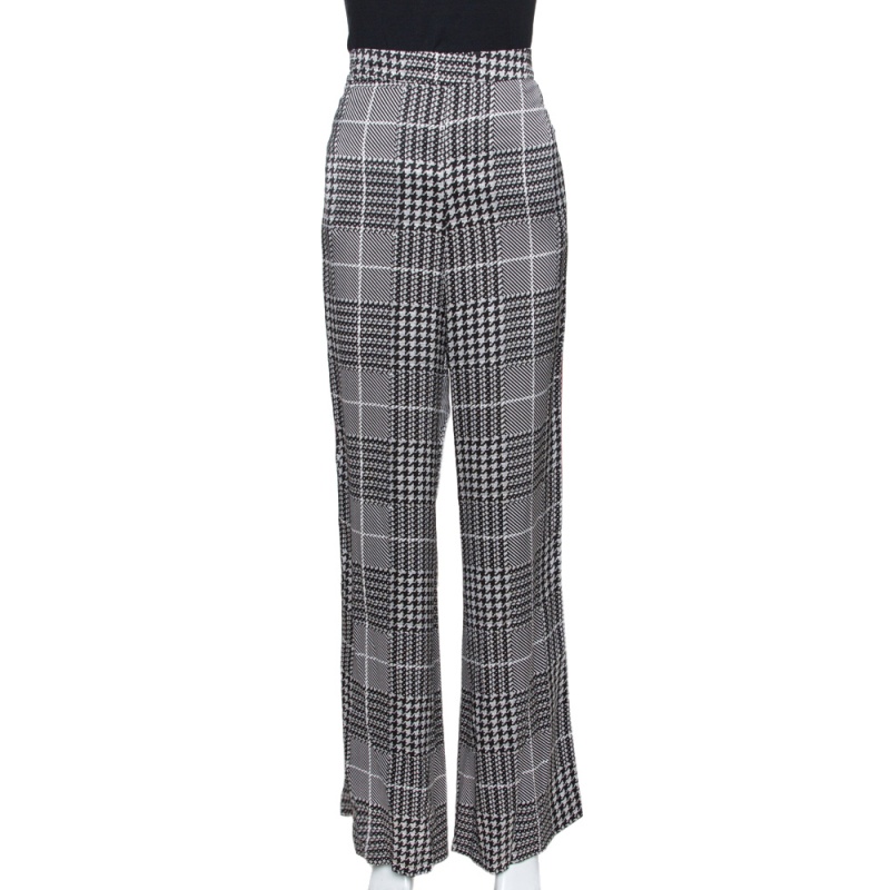 Image of CH Carolina Herrera Monochrome Houndstooth Printed Satin Wide Leg Trousers M