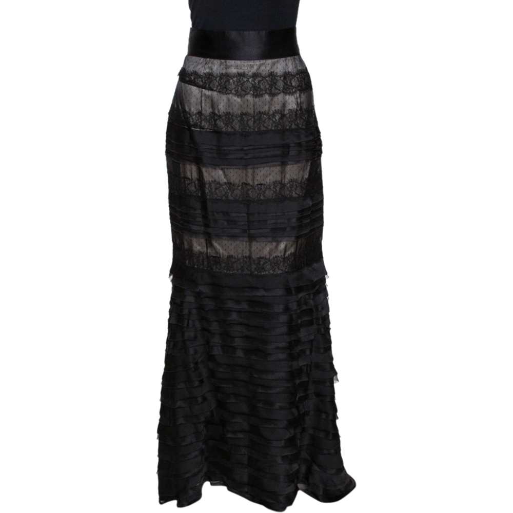 Image of CH Carolina Herrera Black Silk Lace Trim Layered Maxi Skirt M