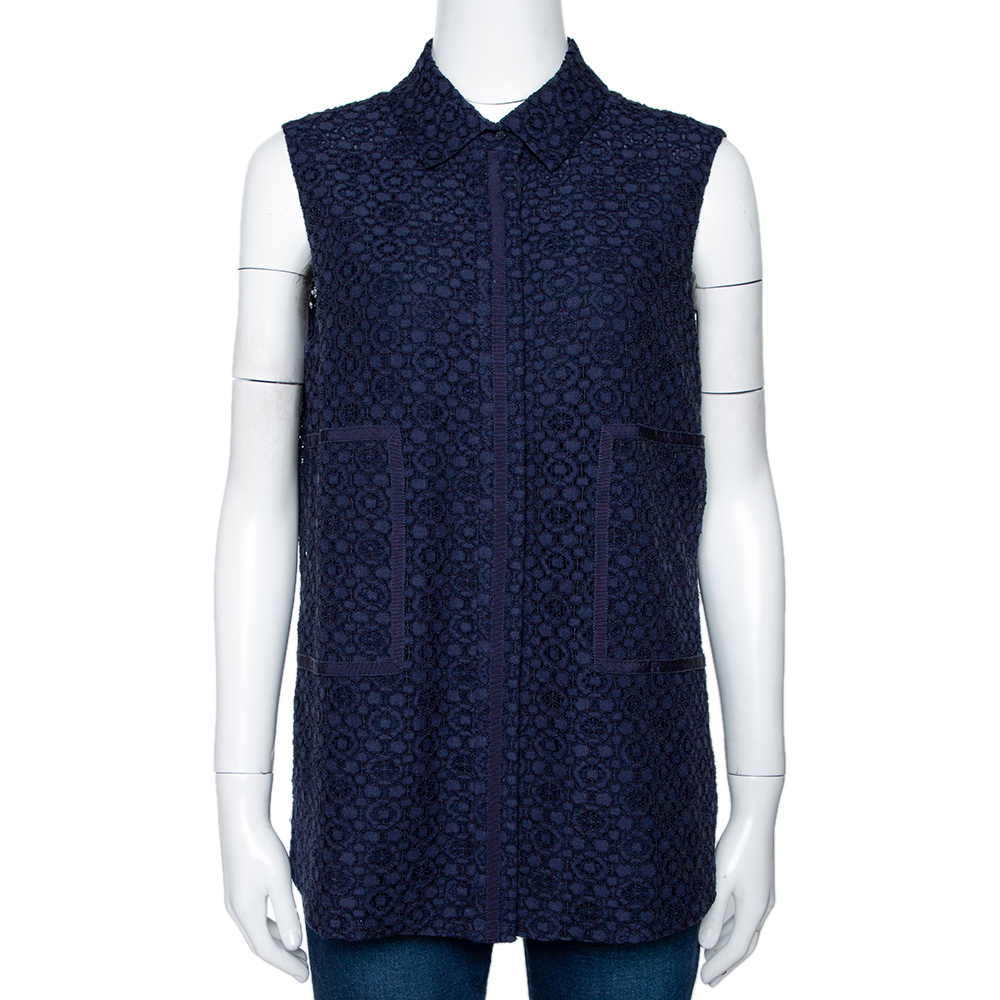 Image of CH Carolina Herrera Navy Blue Corded Lace Button Front Top S