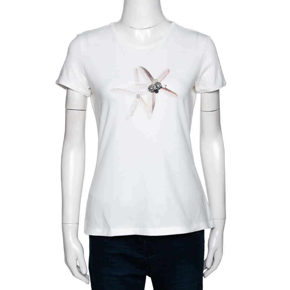 Image of CH Carolina Herrera White Star Fish Embellished Stretch Cotton Top M