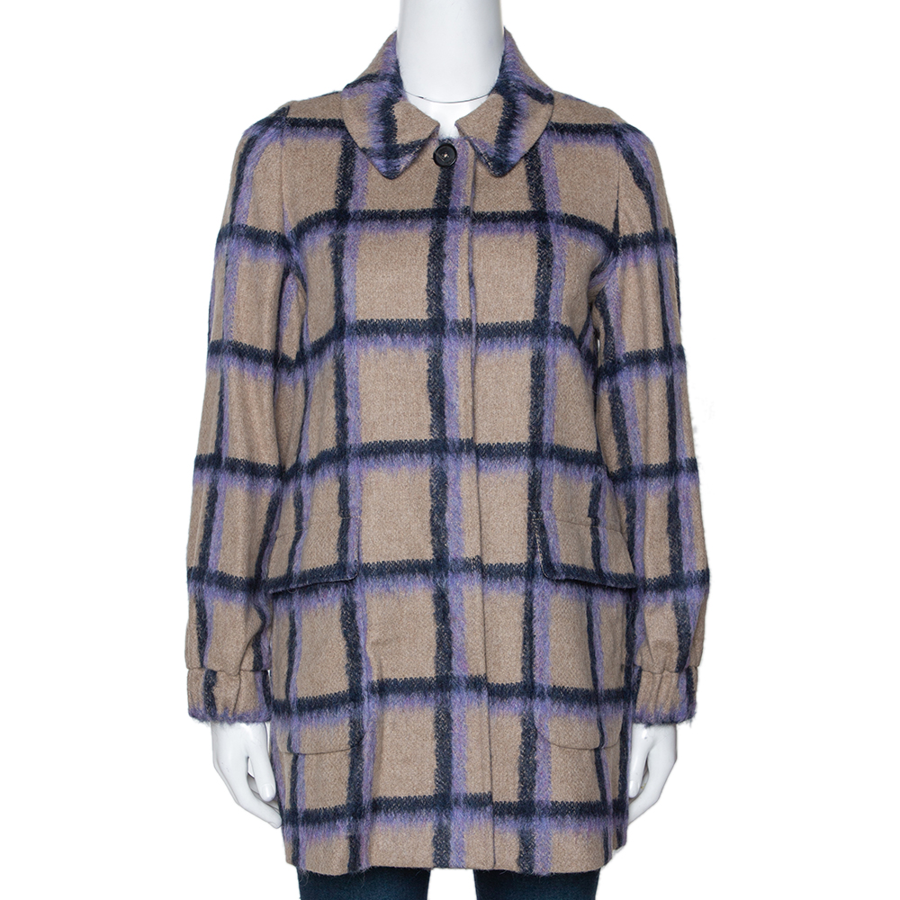 Image of CH Carolina Herrera Beige Windowpane Checked Wool Coat XS