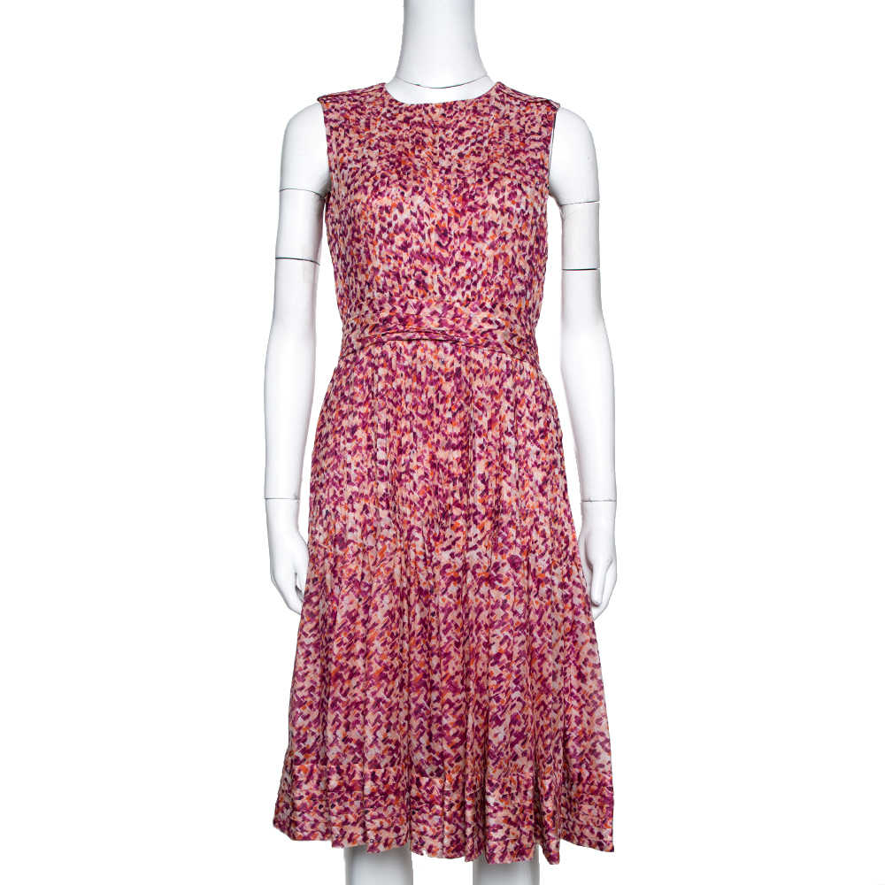 Image of CH Carolina Herrera Fuschia & Orange Abstract Printed Silk Pleated Dress S