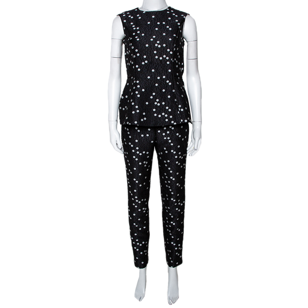 Image of CH Carolina Herrera Black Polka Dot Peplum Top & Pant Set XS