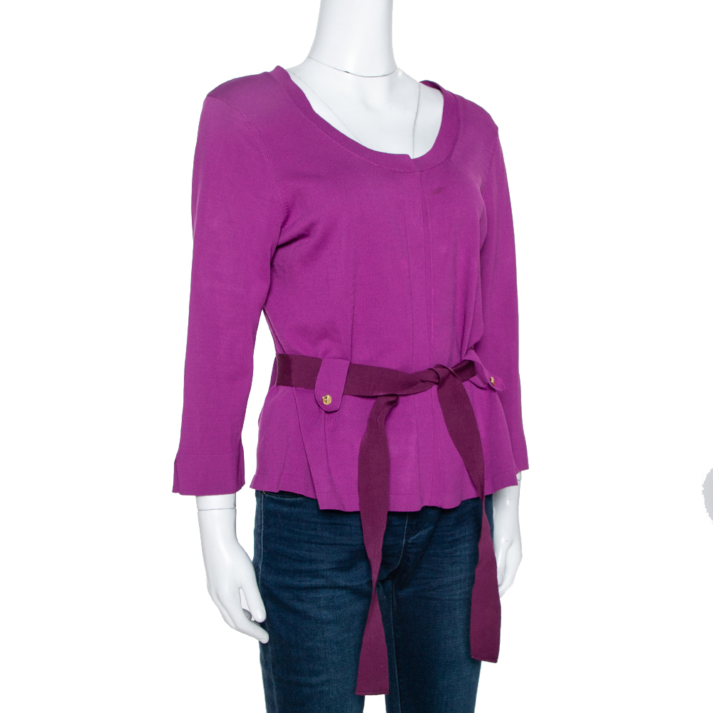 CH Carolina Herrera Fuschia Stretch Knit Belted Cardigan L