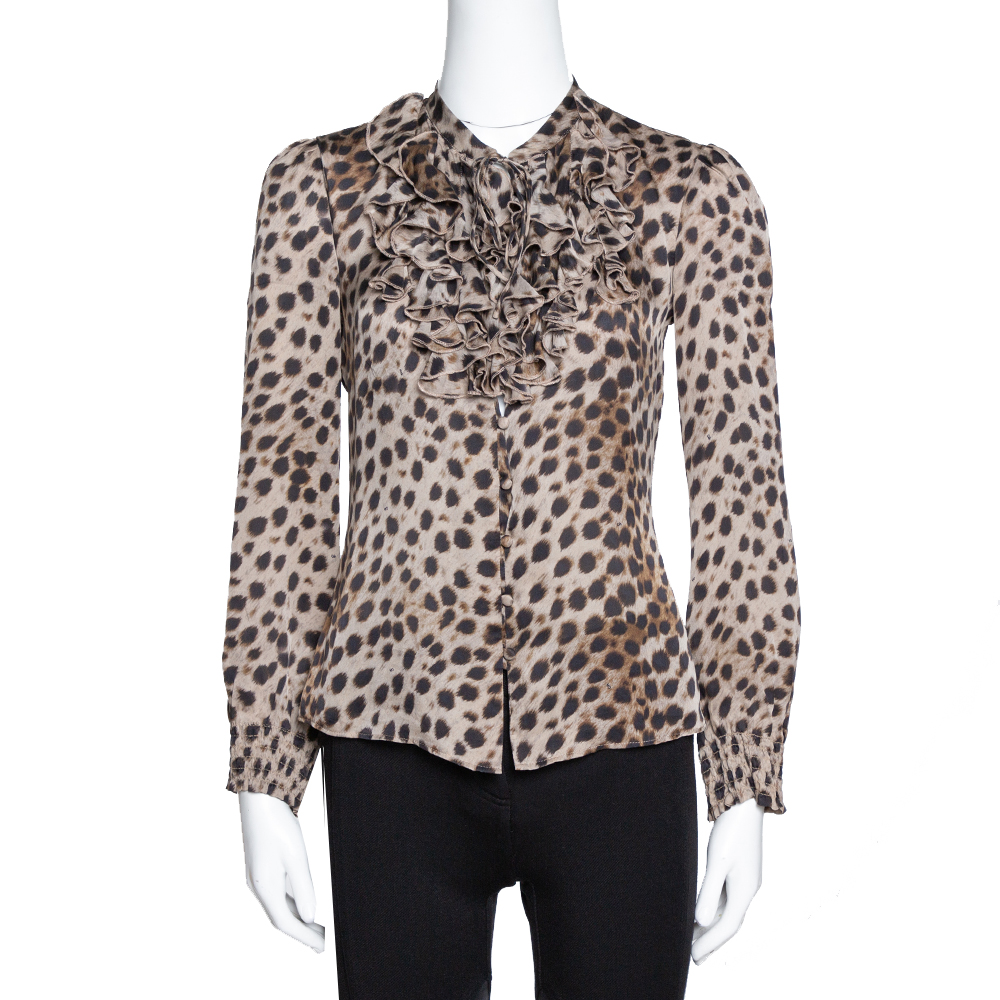 Image of CH Carolina Herrera Brown Leopard Print Silk Ruffled Blouse S