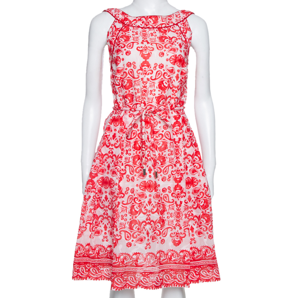 Image of CH Carolina Herrera Red & White Floral Print Cotton Sleeveless Dress L