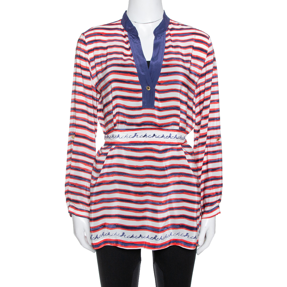 Image of CH Carolina Herrera White Striped Ramie & Silk Belted Top M