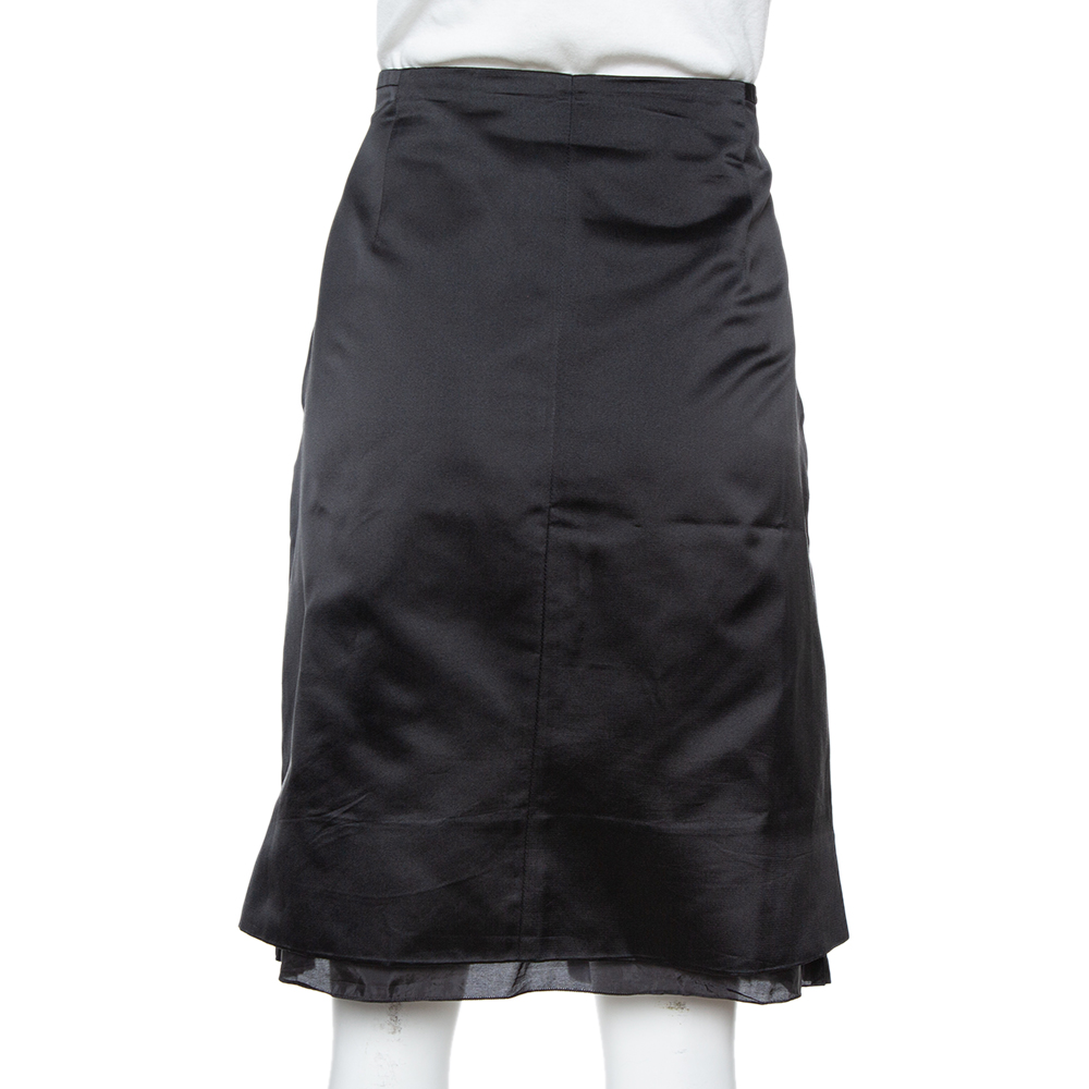 CH Carolina Herrera Black Satin Silk Pleat Underlay Skirt L