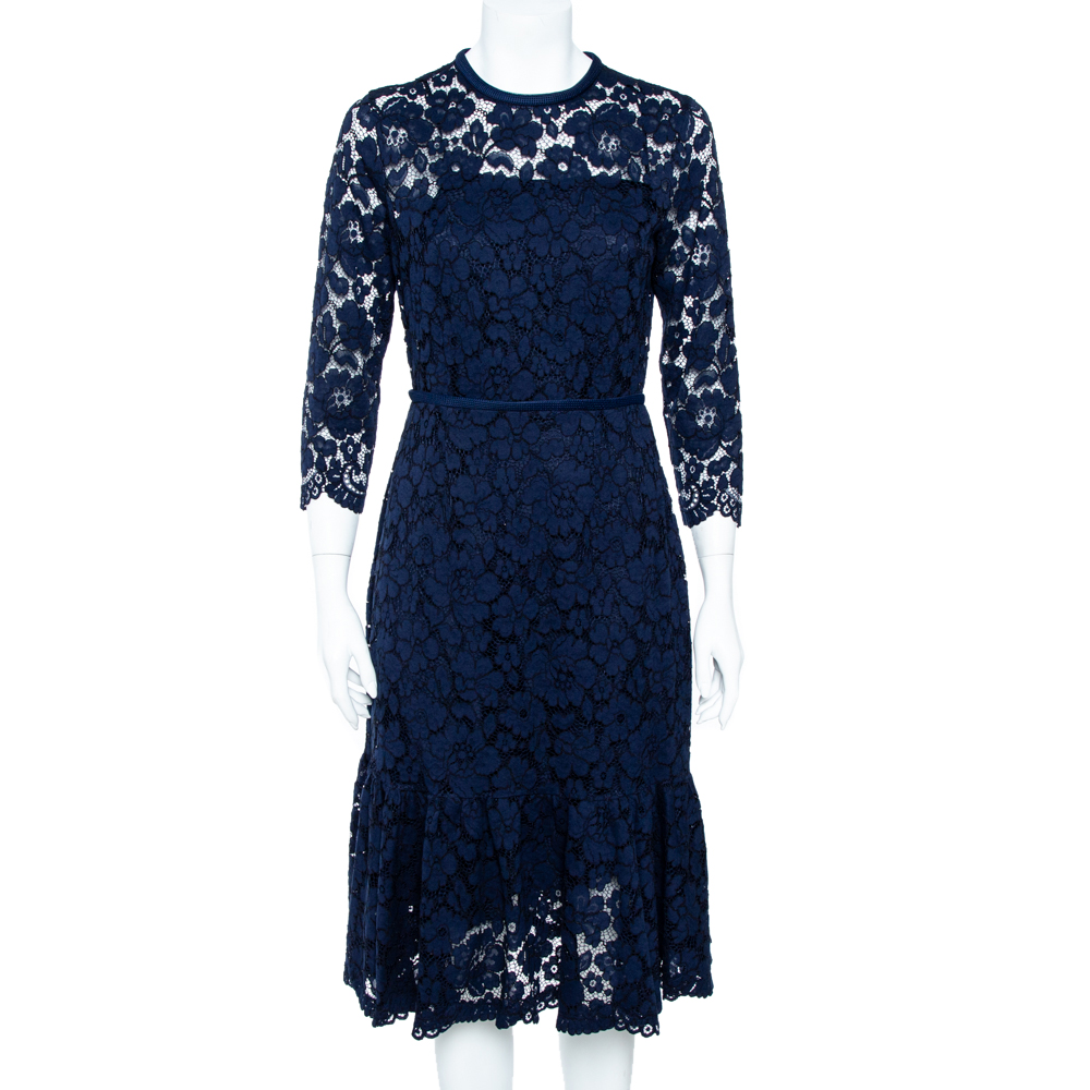 Image of CH Carolina Herrera Navy Blue Lace Flounce Hem Midi Dress M