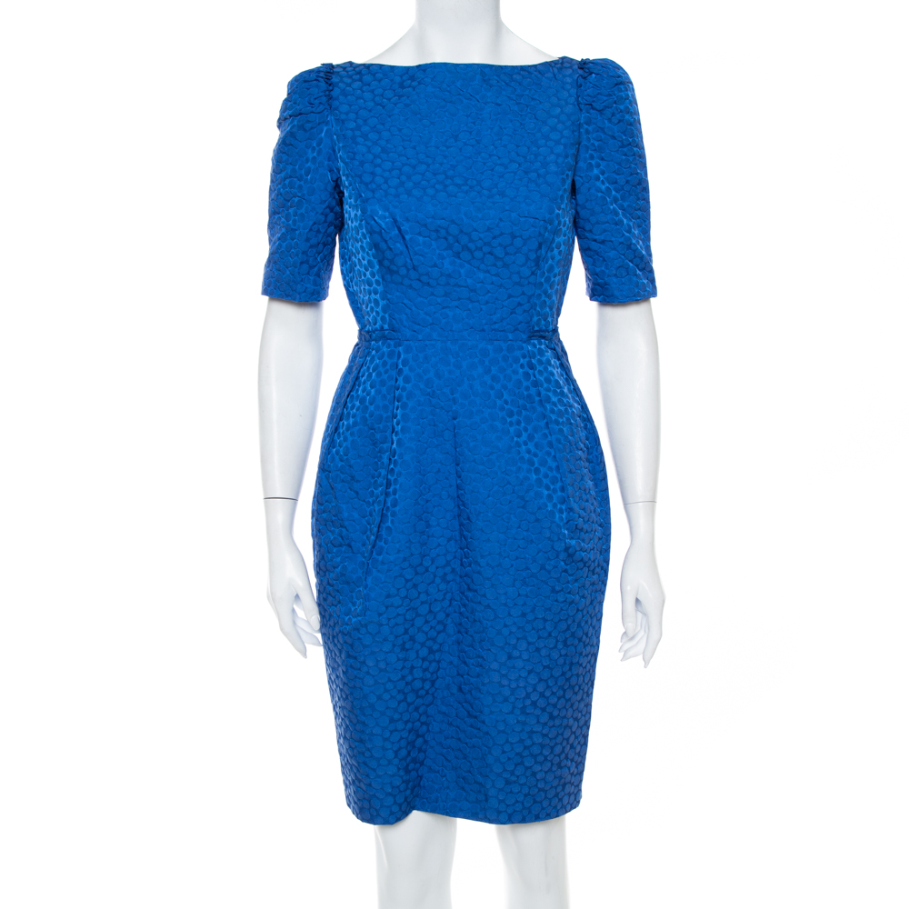 CH Carolina Herrera Blue Textured Cotton Sheath Dress S