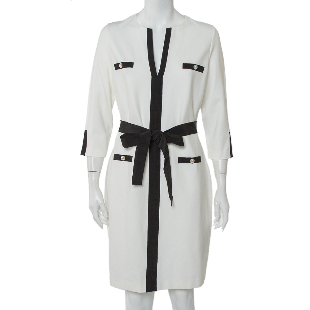 CH Carolina Herrera White Knit Contrast Trim Detail Belted Midi Dress L