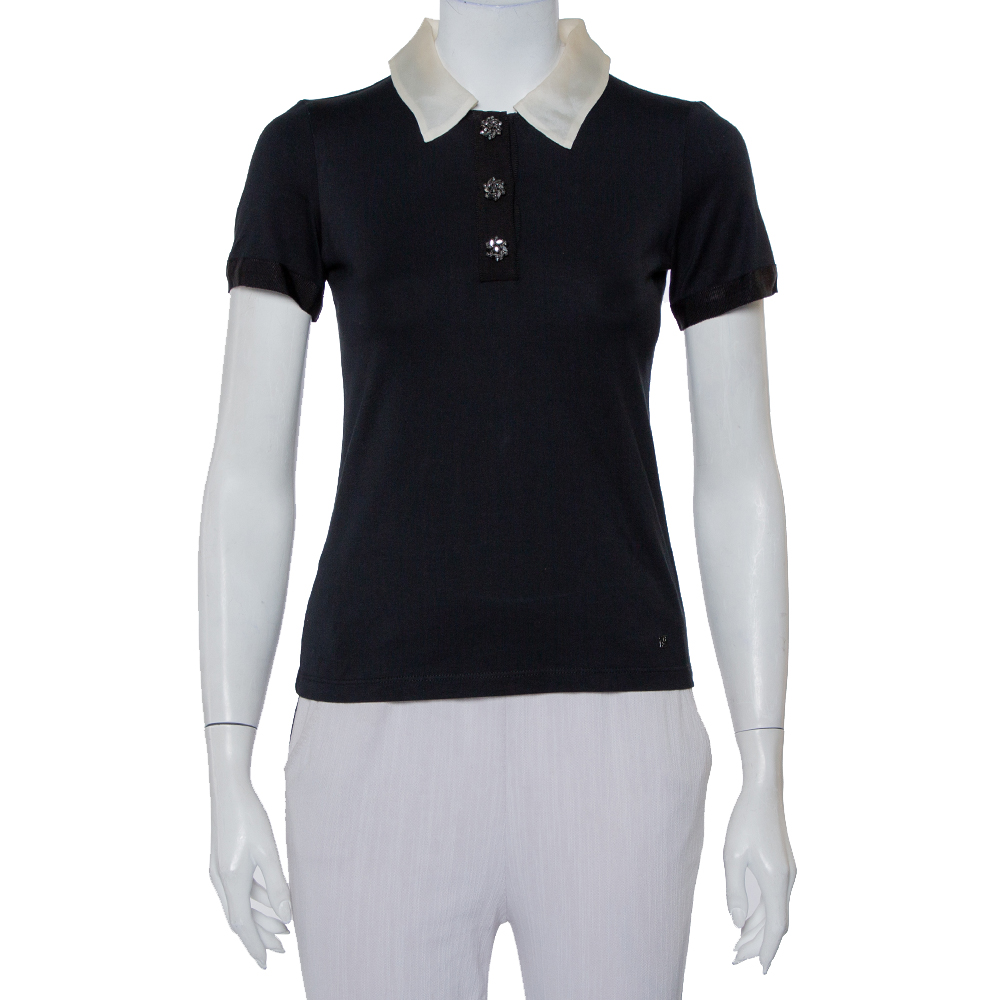 CH Carolina Herrera Black Knit Contrast Trim Detail Polo T-Shirt XS