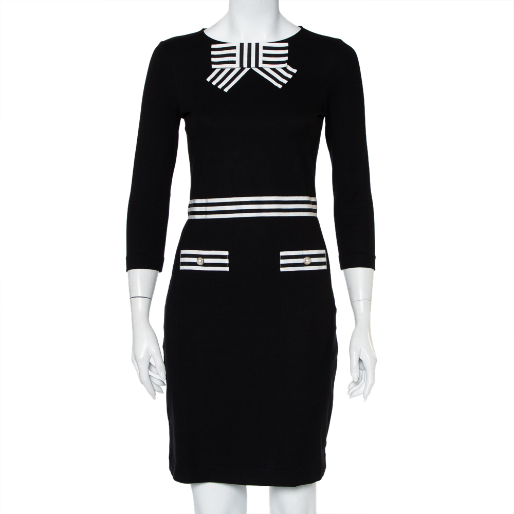 CH Carolina Herrera Black Knit Striped Trim & Bow Detail Mini Dress XS