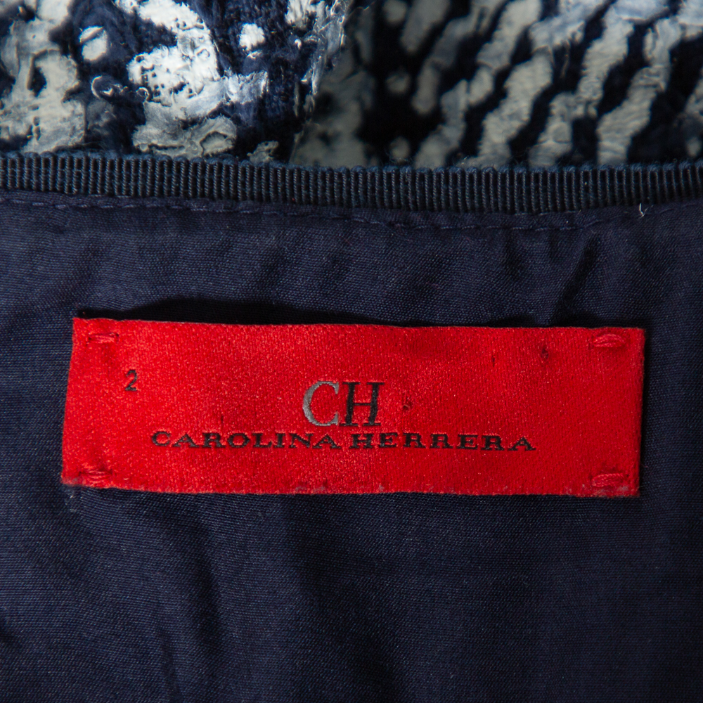 CH Carolina Herrera Indigo Painted Tweed Lace Detail Shift Dress S