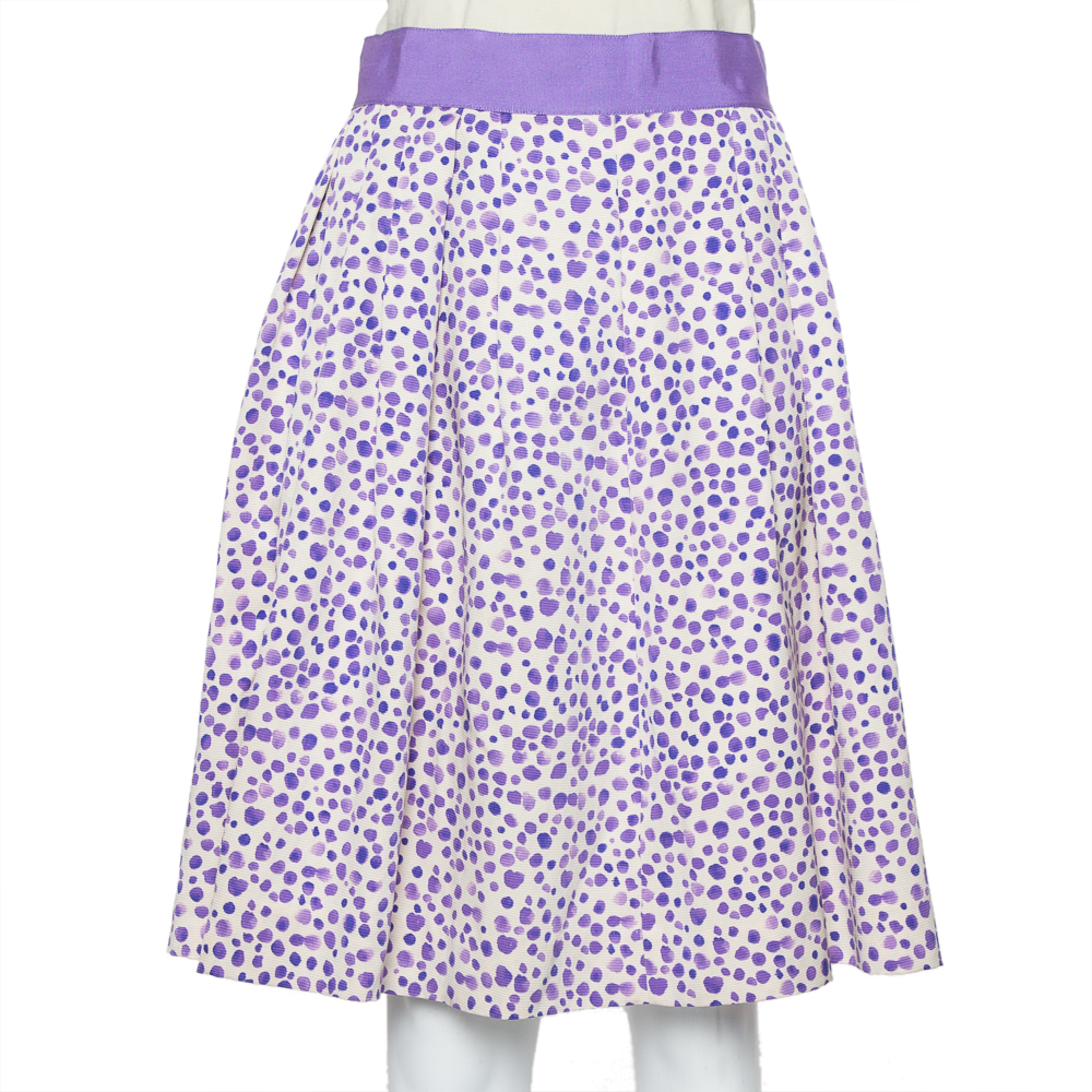 CH Carolina Herrera Beige & Purple Printed Silk & Cotton Pleated Skirt M