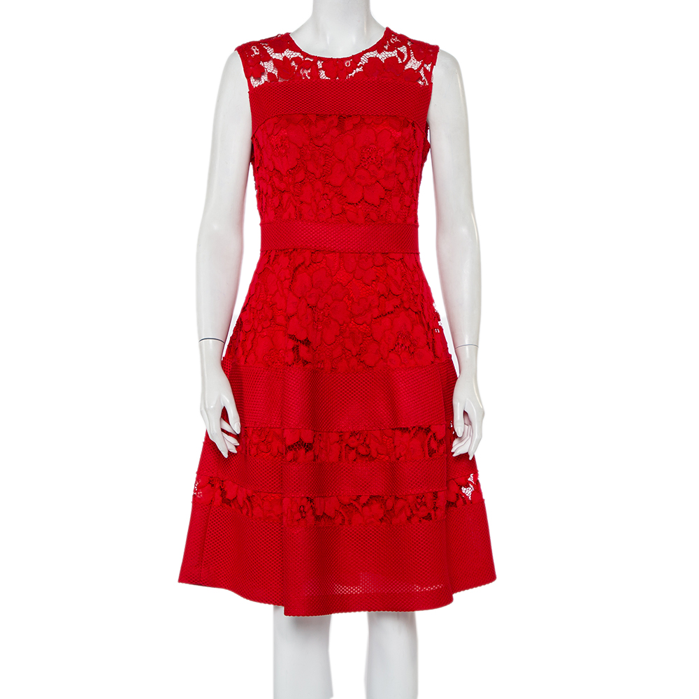 CH Carolina Herrera Red Lace & Mesh Paneled Sleeveless Mini Dress M