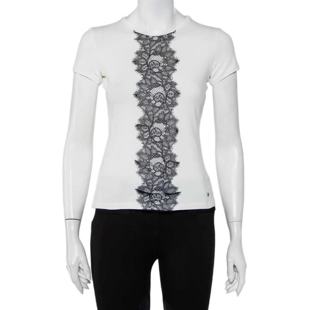 CH Carolina Herrera White Cotton Lace Trim Detail T-Shirt XS