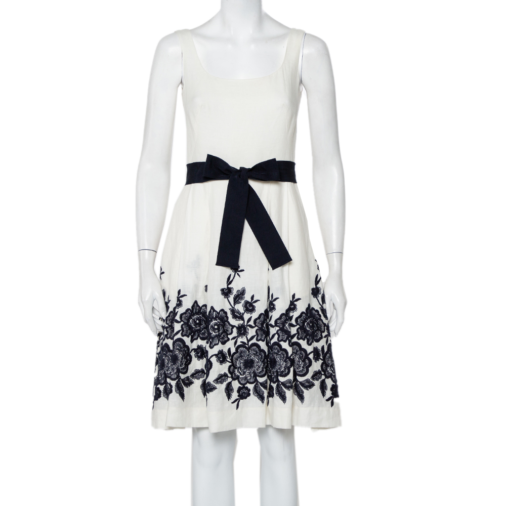 CH Carolina Herrera White Line Contrast Floral Embroidered Flared Belted Midi Dress S