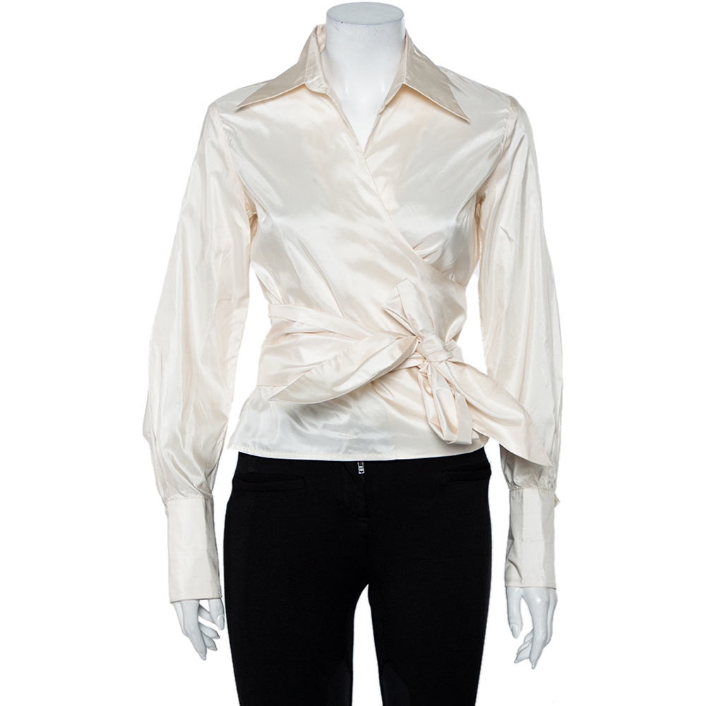 CH Carolina Herrera Cream Silk Front Tie Detail Lightweight Cropped Jacket L