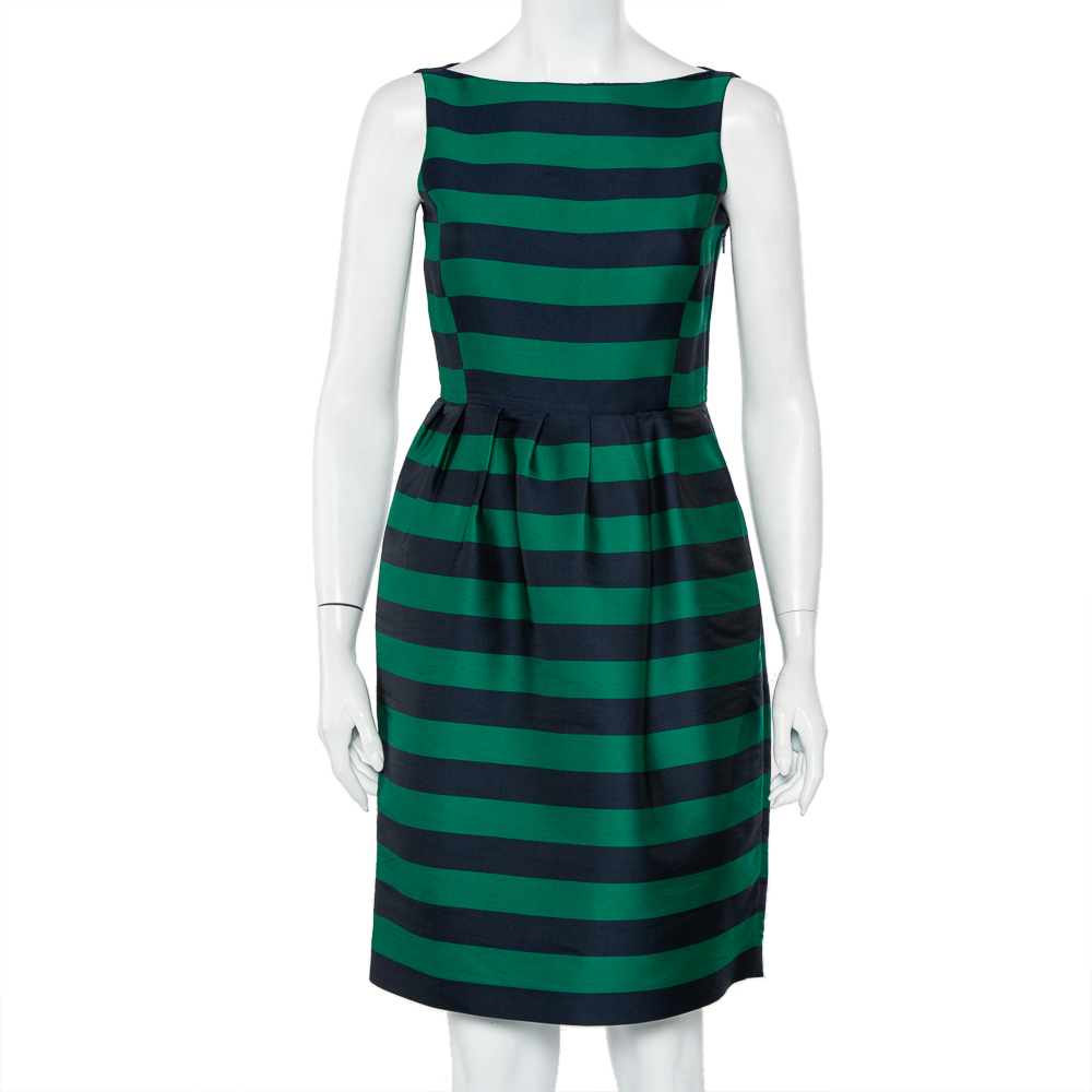 CH Carolina Herrera Green & Navy Blue Striped Sateen Pleated Sleeveless Dress S