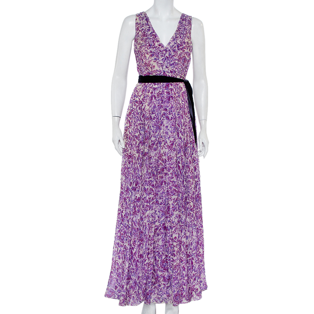 CH Carolina Herrera Purple & Beige Printed Silk Waist Tie Detail Maxi Dress M
