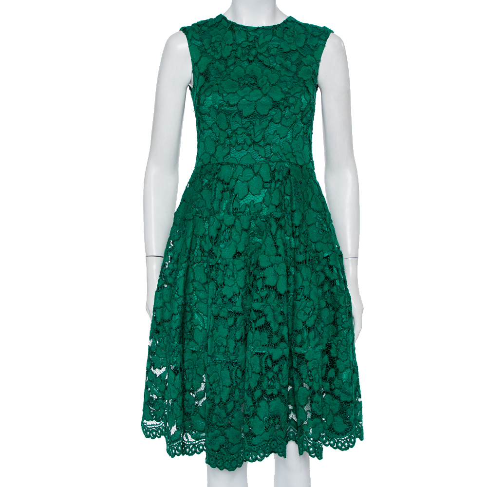 CH Carolina Herrera Green Lace Paneled Midi Dress XS