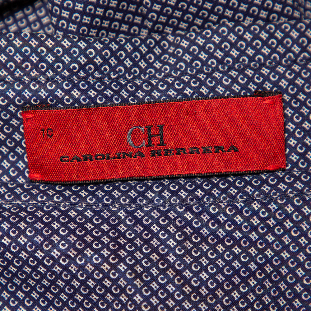 CH Carolina Herrera Navy Blue Logo Printed Cotton Button Front Shirt L