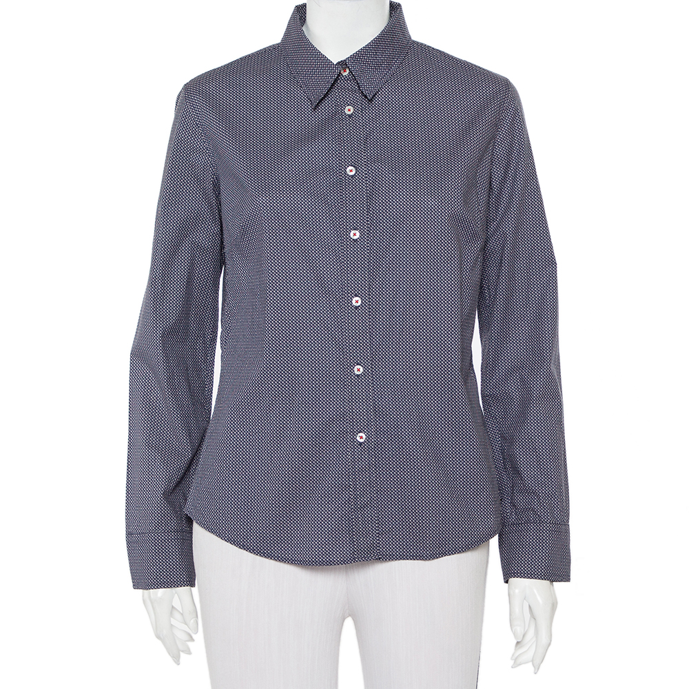 CH Carolina Herrera Navy Blue Logo Printed Cotton Button Front Shirt L