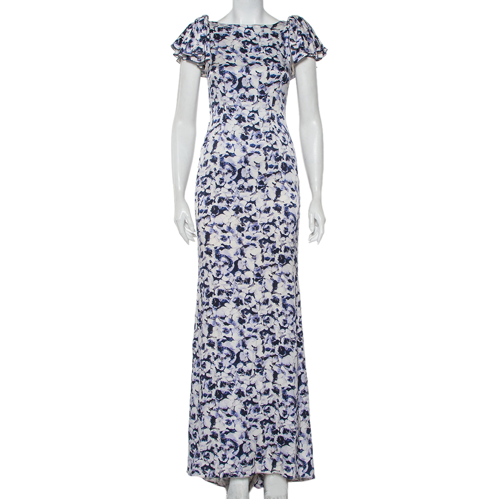 CH Carolina Herrera Blue Floral Printed Silk Maxi Dress XS