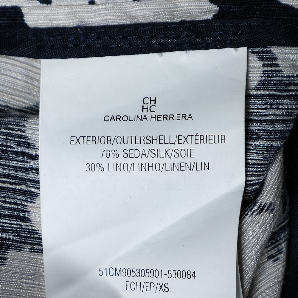 CH Carolina Herrera Navy Blue Floral Print Silk & Linen Belted Dress XS