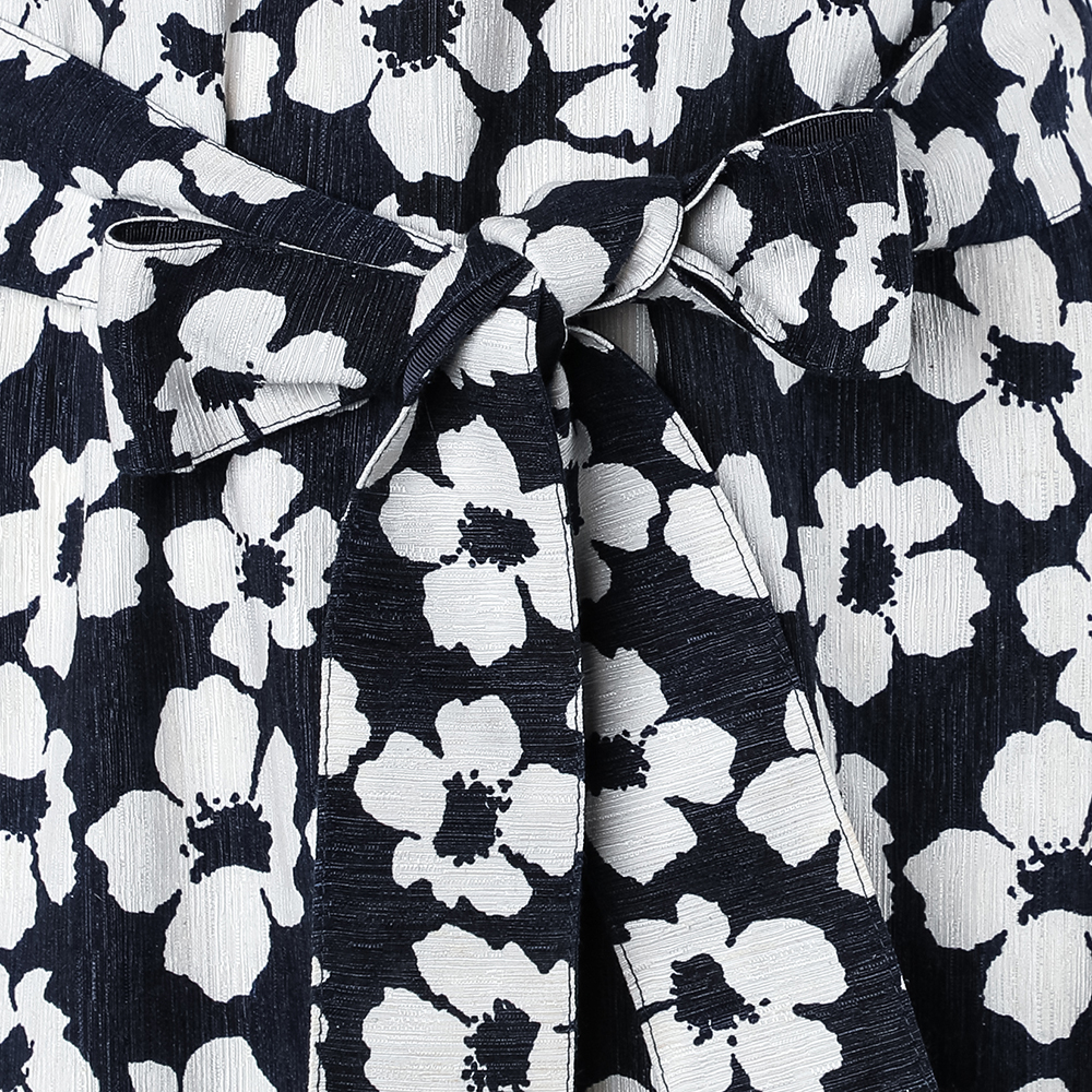 CH Carolina Herrera Navy Blue Floral Print Silk & Linen Belted Dress XS