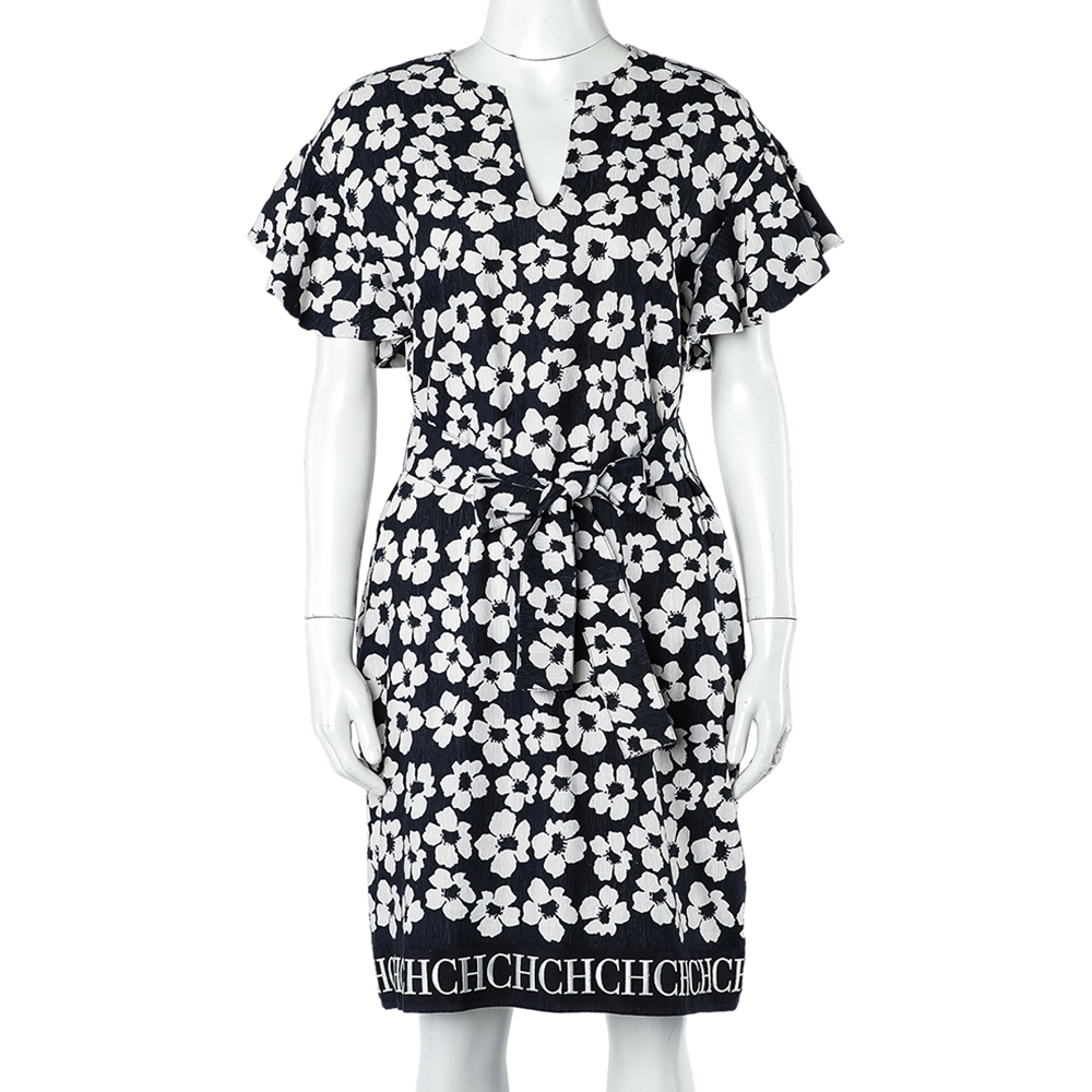 CH Carolina Herrera Navy Blue Floral Print Silk & Linen Belted Dress XS