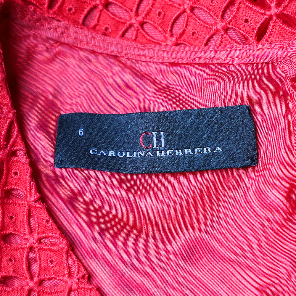 CH Carolina Herrera Red Lace Flared V-Neck Dress M